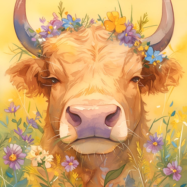 a cute taurus surrounded by wild flowers