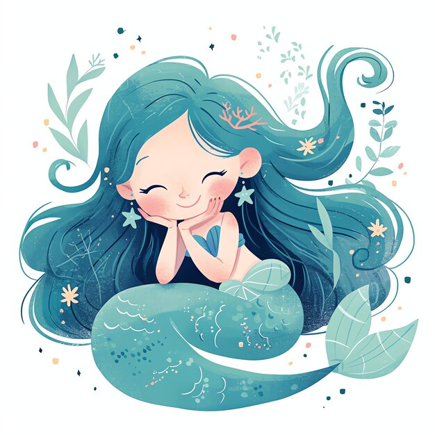 Photo cute teal mermaid marine style illustration