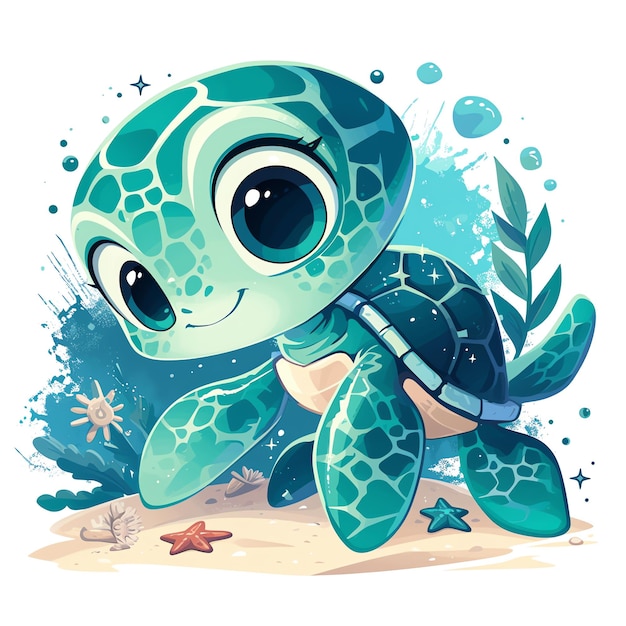 cute teal turtle marine style illustration