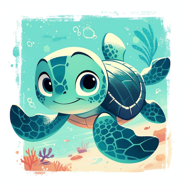 cute teal turtle marine style illustration