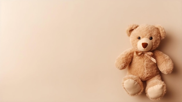 Cute teddy bear on beige background top view Space for text