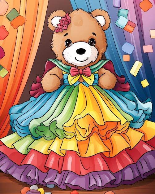 Photo cute teddy bear in a dress on a rainbow