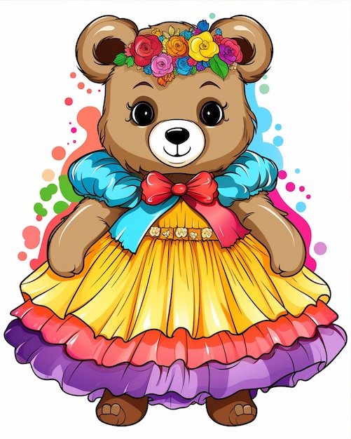 Photo cute teddy bear in a dress on a rainbow