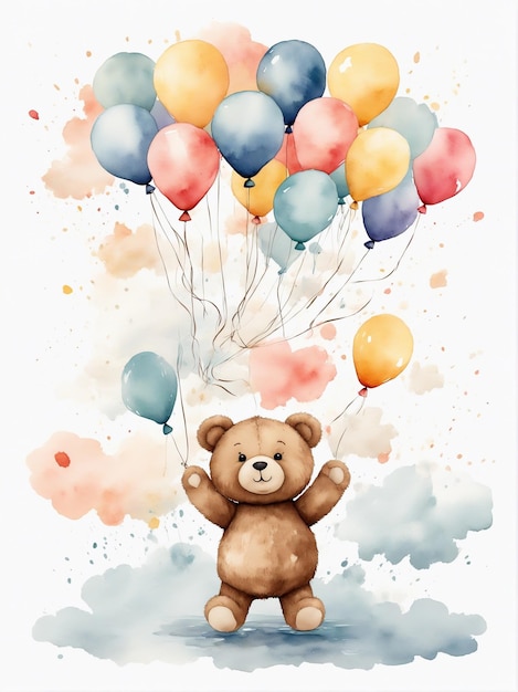 Cute teddy bear holding colorful balloons watercolor painting Valentines Day concept