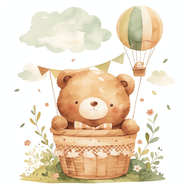 cute teddy bear in a Hot Air Balloon for nursery watercolor illustrataion