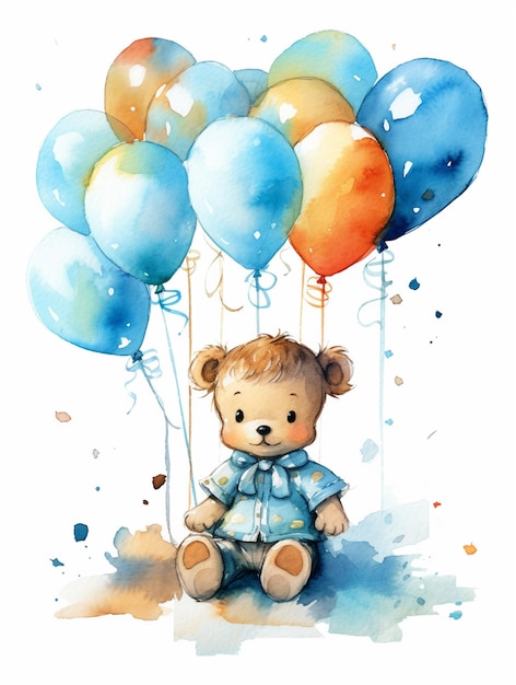 Cute Teddy Bear illustration with balloons in watercolor art