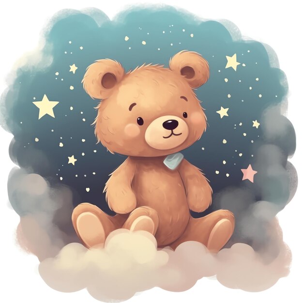 Cute teddy bear sitting on cloud in starry night sky art watercolor style cartoon bear