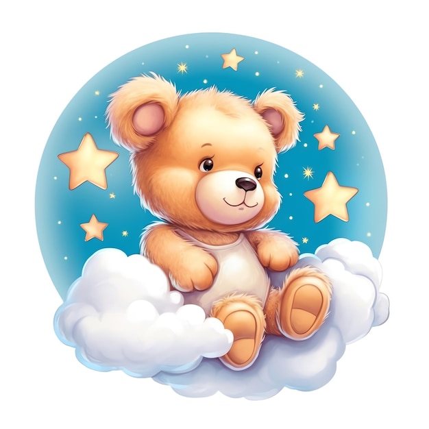 Cute teddy bear sitting on cloud in starry night sky art watercolor style cartoon bear