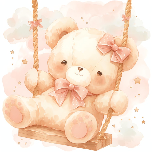 cute teddy bear sitting on a pink hanging swing for nursery watercolor illustrataion