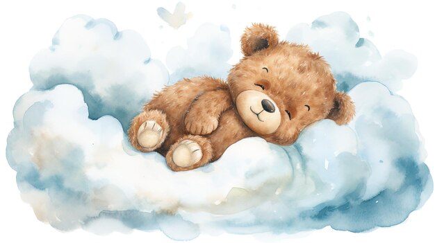 Cute teddy bear sleeps on a cloud watercolor on a white isolated background Generative AI