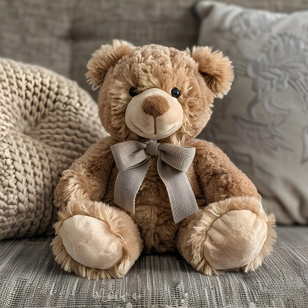 Photo cute teddy bear on sofa with cozy cushions in background