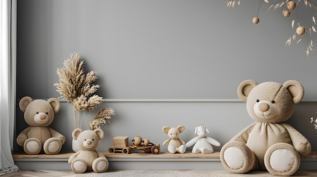 Cute Teddy Bear and Toy Collection in Minimalist Nursery Cozy and Stylish Baby Room elements accessories wooden