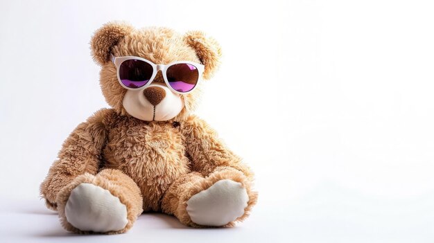 Cute teddy bear using sunglasses isolated on white background generative ai