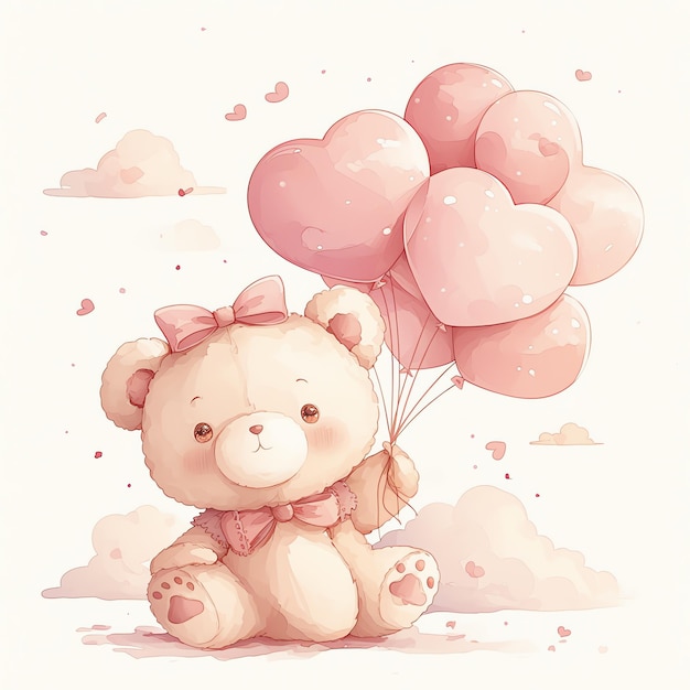 cute teddy bear wearing a pink outfit holding pink balloons for nursery watercolor