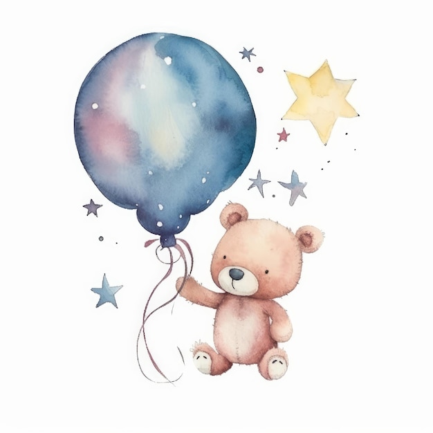 Cute Teddy Bear with Balloon Watercolor Illustration AI GenerativexA