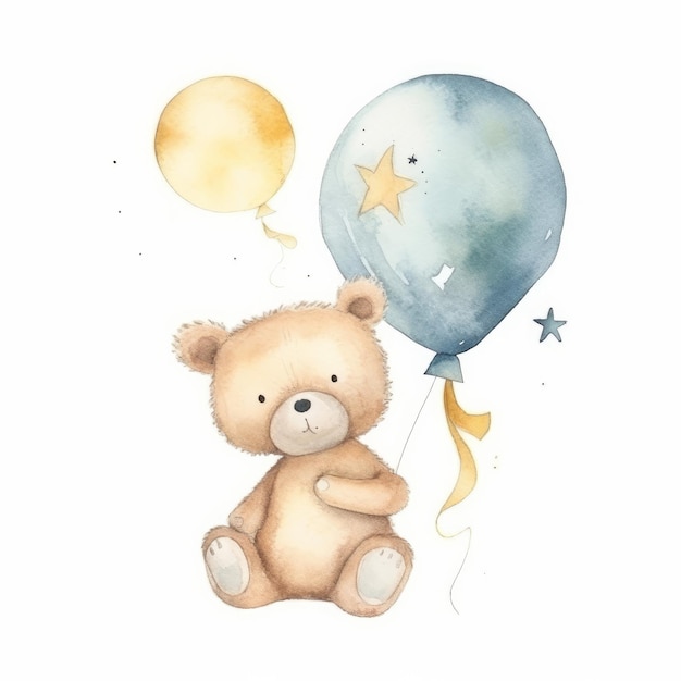 Cute Teddy Bear with Balloon Watercolor Illustration AI GenerativexA