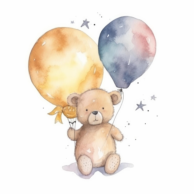 Cute Teddy Bear with Balloon Watercolor Illustration AI GenerativexA