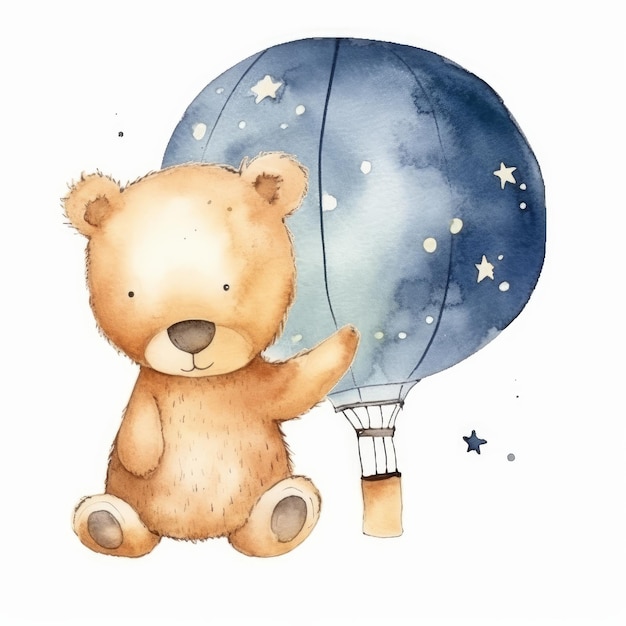 Cute Teddy Bear with Balloon Watercolor Illustration AI GenerativexA