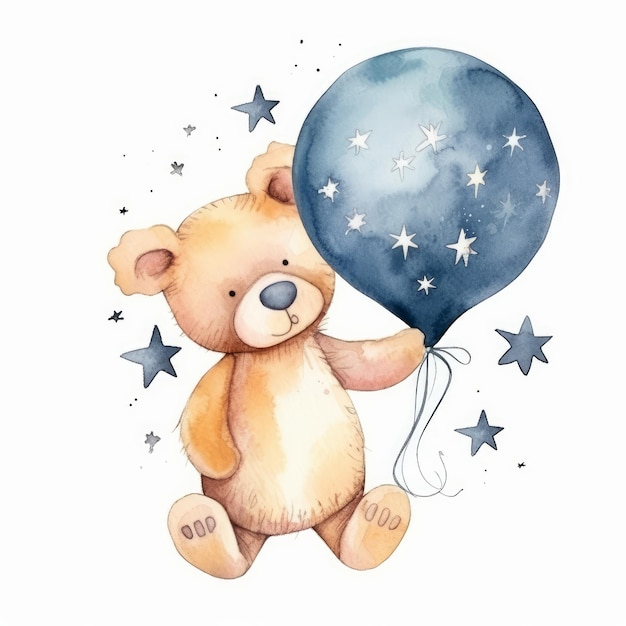 Cute Teddy Bear with Balloon Watercolor Illustration AI GenerativexA