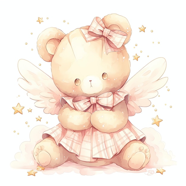 cute teddy bear with beautiful clothes for nursery watercolor illustrataion