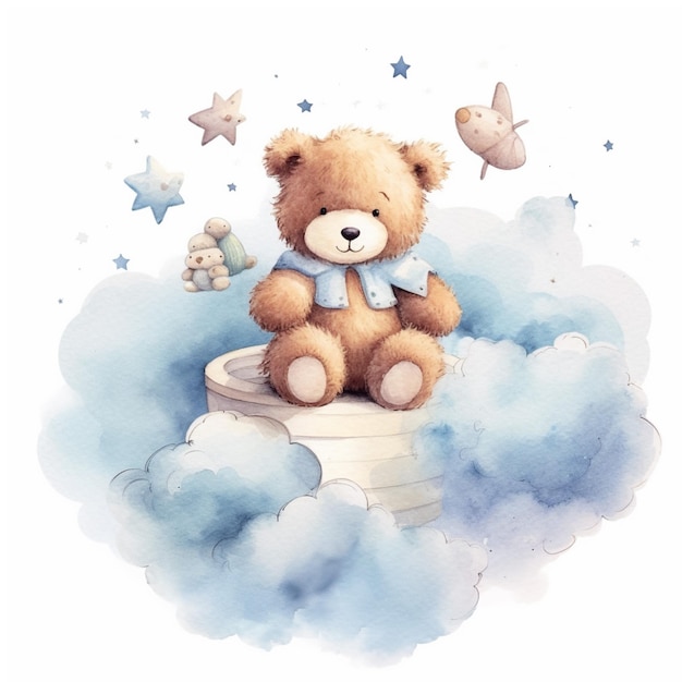 Cute teddy bear with butterfly Watercolor hand drawn illustration