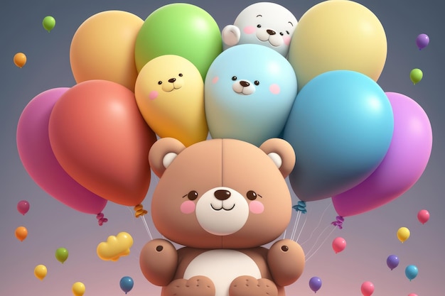 Cute teddy bear with colorful balloons Generative AI