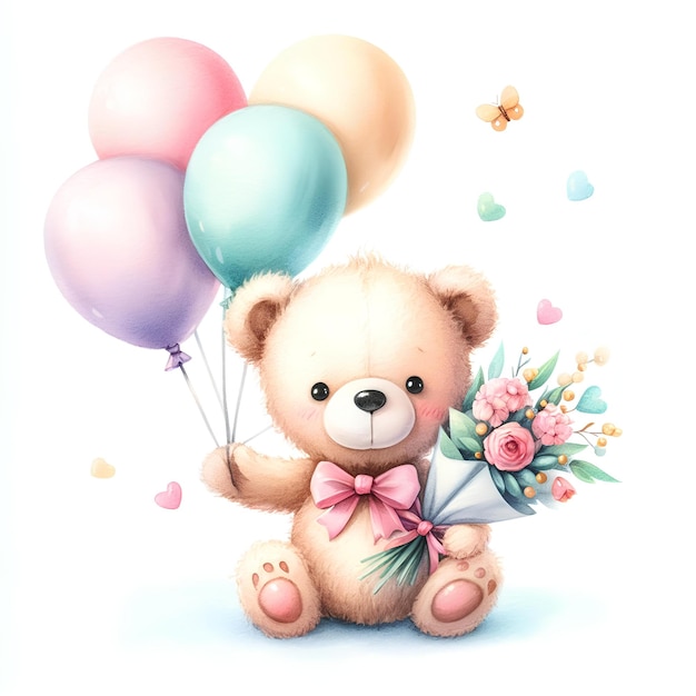 Cute teddy bear with flowers and balloons