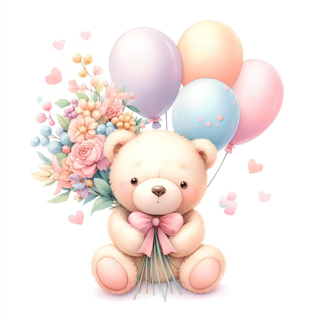 Cute teddy bear with flowers and balloons