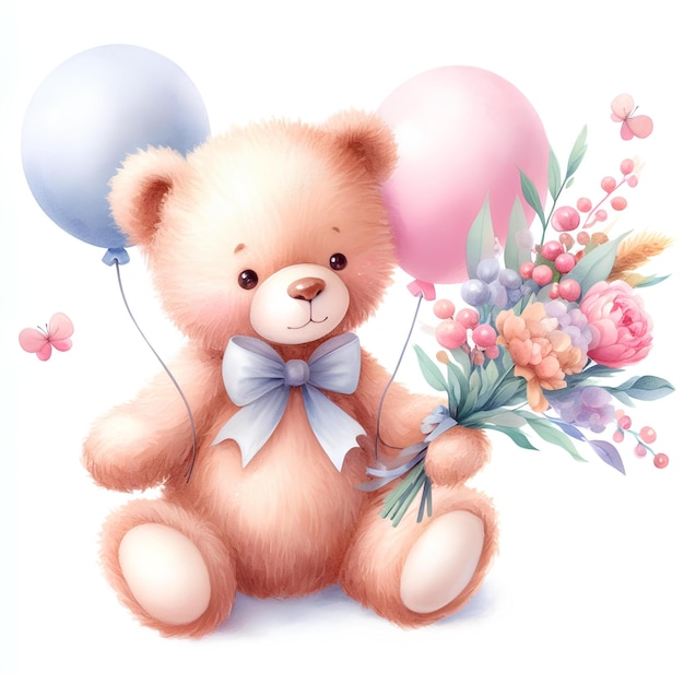 Cute teddy bear with flowers and balloons