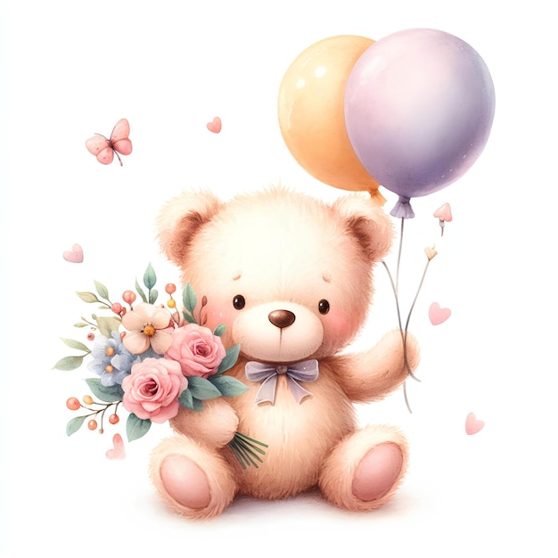 Cute teddy bear with flowers and balloons