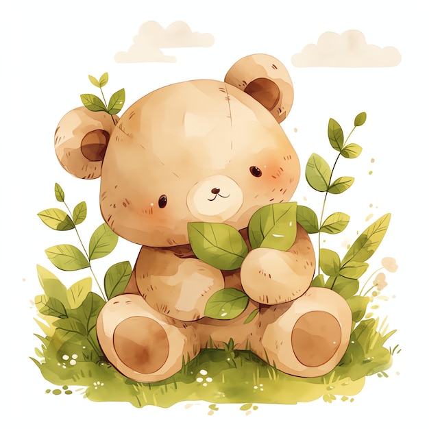 cute teddy bear with green leave for nursery watercolor illustrataion