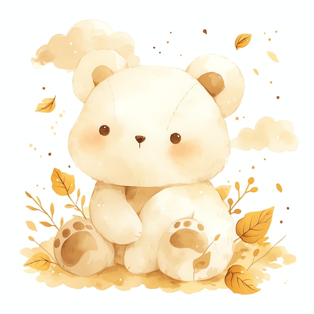 cute teddy bear with leaves for nursery watercolor illustrataion