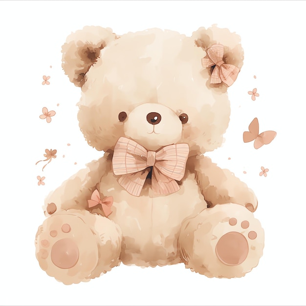 cute teddy bear with pink color for nursery watercolor illustrataion