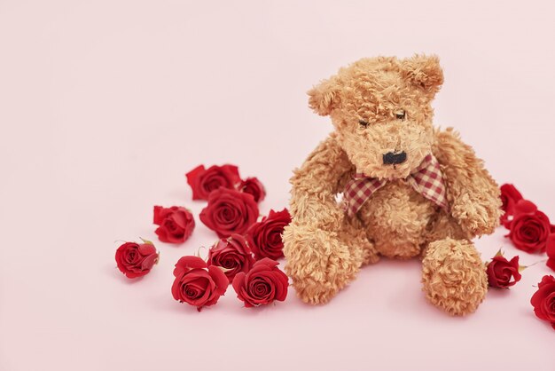 Cute teddy bear with red roses for Valentines Day