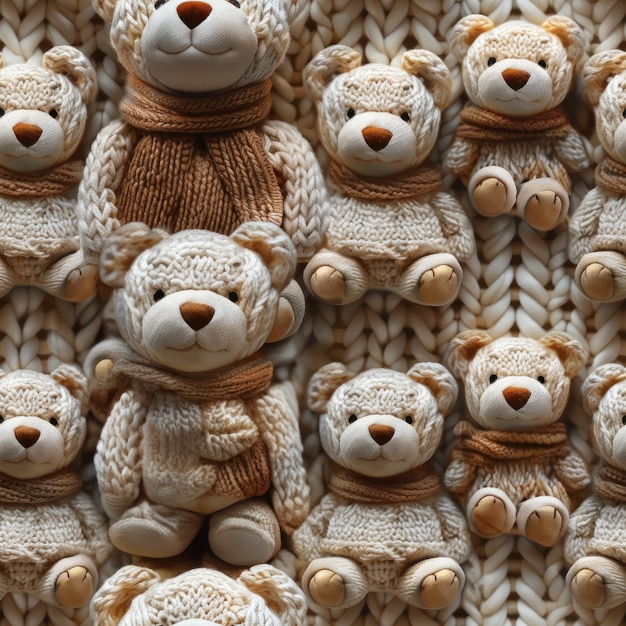 Cute teddy bears knitted crochet seamless pattern background