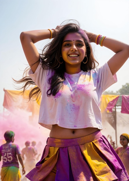 Cute teen girl enjoying Holi festival