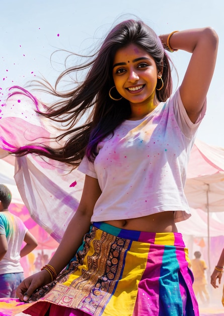 Cute teen girl enjoying Holi festival