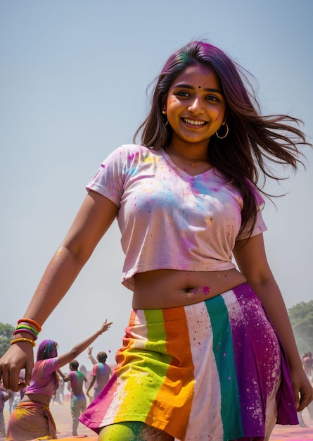 Cute teen girl enjoying Holi festival