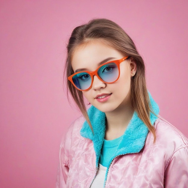 Cute teenage girl in a fashion jacket and colored glasses