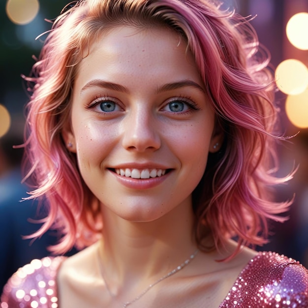 Cute teenage girl pink glitter glowing fashion style