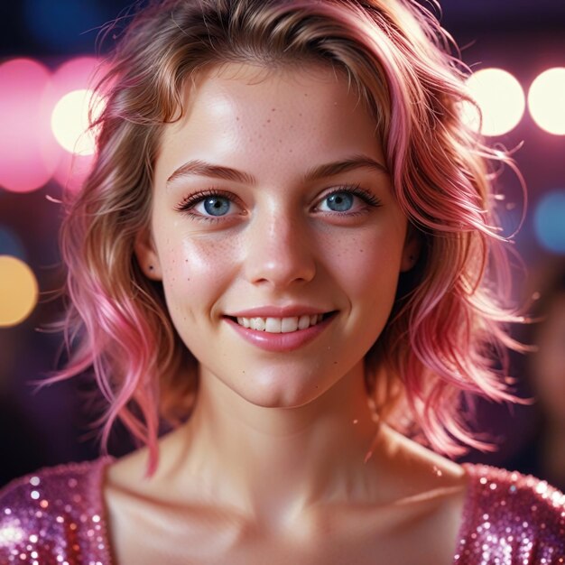 Photo cute teenage girl pink glitter glowing fashion style