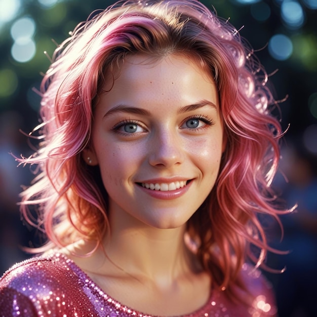 Photo cute teenage girl pink glitter glowing fashion style