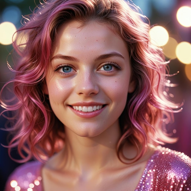 Cute teenage girl pink glitter glowing fashion style