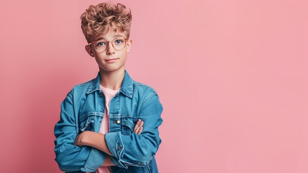 Photo cute teenage lad with crossed hands and a confident appearance wearing smart blue clothing is shown in a photo isolated on a pink background generative ai