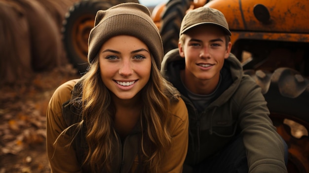 Cute teenaged couple enjoying a fall gathering on the country farm with friends generative AI