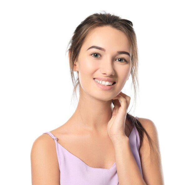 Cute teenager girl on white background