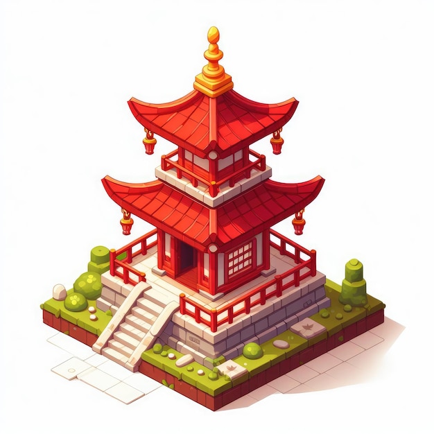 cute temple in red tone isometric