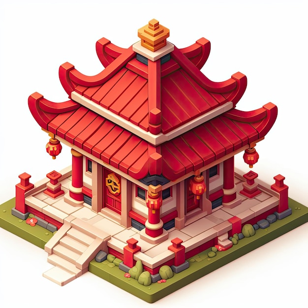 cute temple in red tone isometric