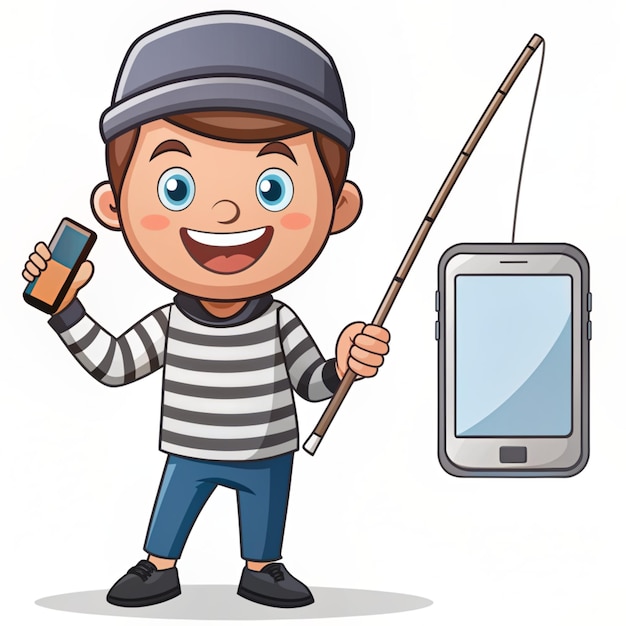 Cute Thief Stealing Password From Phone With Fishing Rod Cartoon Vector Icon Illustration People Technology Icon Concept Isolated Premium Vector Flat Cartoon Style