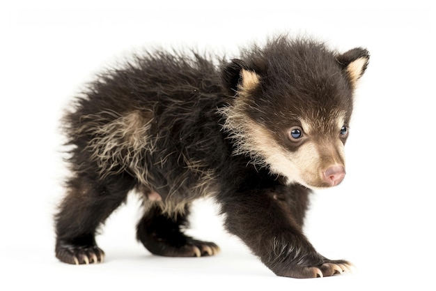 A cute Tian Shan bear cub with white claws on a white background